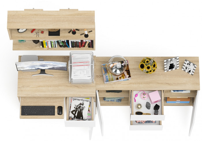 Мори Стол компьютерный МС-1 правый + Комод МК1200.3 + Полка 900, цвет дуб сонома/белый, ШхГхВ 210,4х50х209,6 см., НЕ универсальная сборка