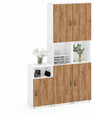 Лидер-8 Пенал + Пенал + Тумба МД 3.19, цвет белый шагрень/крафт золото, ШхГхВ 120х30х190 см., универсальная сборка