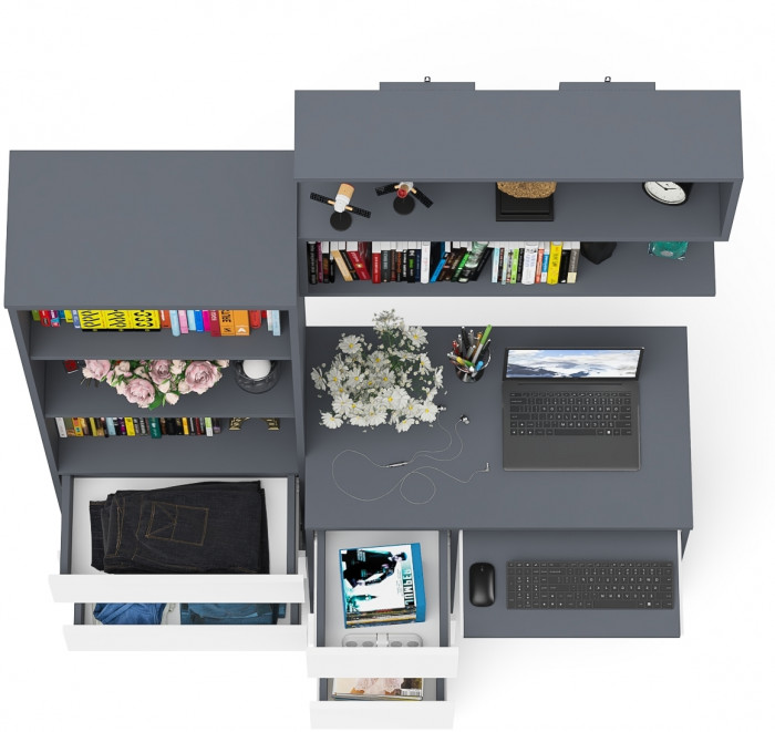 Мори компьютерный стол МС-6 левый + Стеллаж МСТ600.3 + Полка 900, графит/белый