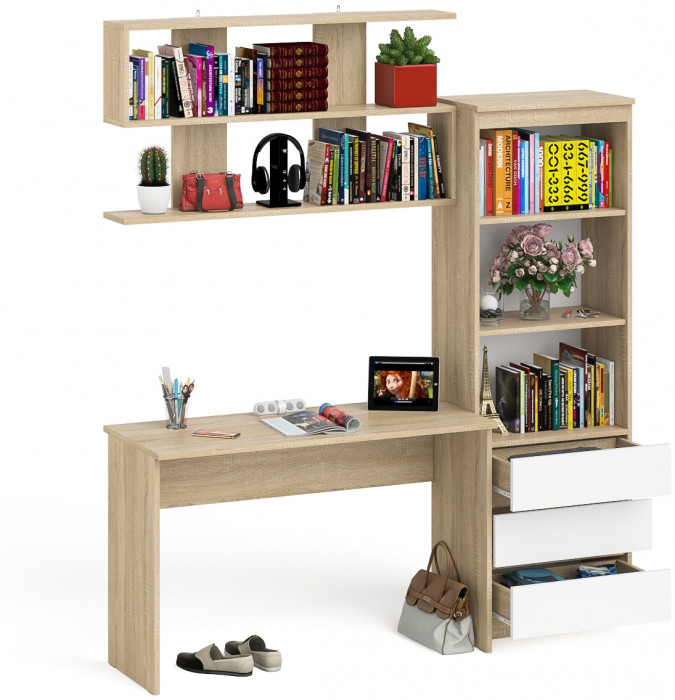 Мори письменный стол МСП1200.1 + Стеллаж МСТ600.3 + Полка 1200, дуб сонома/белый