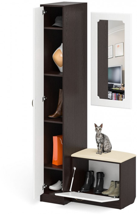 Прихожая П-6 Компоновка № 40, венге/фасады МДФ белое дерево фрезеровка ромб