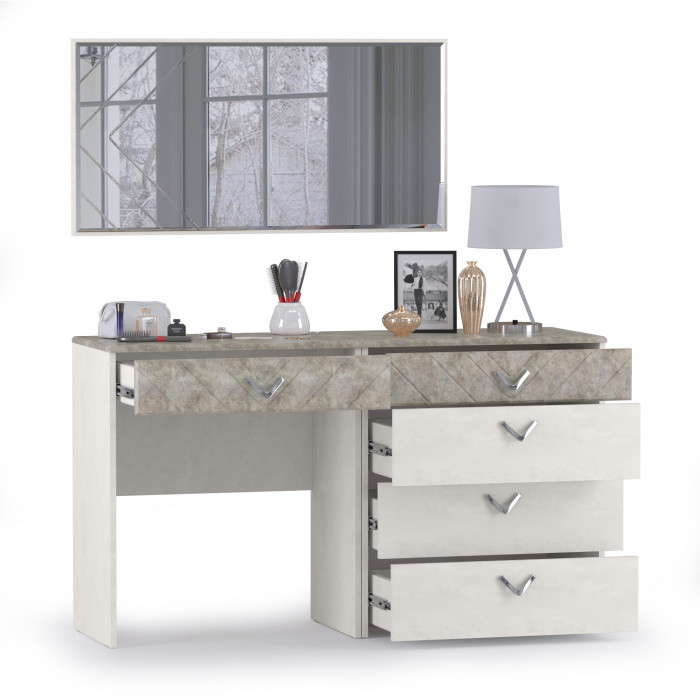 Амели Комод 13.106 + Стол туалетный 12.48 + Зеркало, цвет шёлковый камень/бетон чикаго беж, ШхГхВ 130х41,3х145 см., универсальная сборка