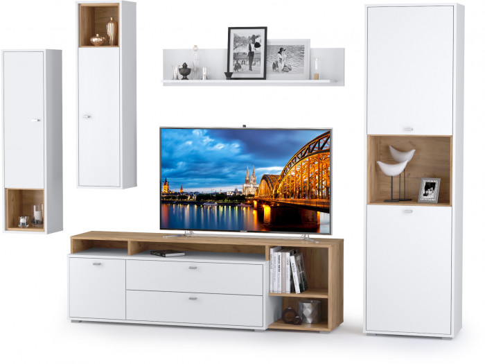 Бэль № 04, цвет дуб крафт золотой/белый премиум, ШхГхВ 300х43х200 см., ниша для ТВ 139х40х120 см., НЕ универсальная сборка