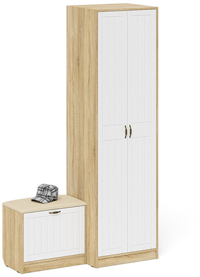 Прихожая П-6 Компоновка № 10, цвет дуб сонома/фасады МДФ белое дерево фрезеровка прованс, ШхГхВ 120х50х210 см., универсальная сборка