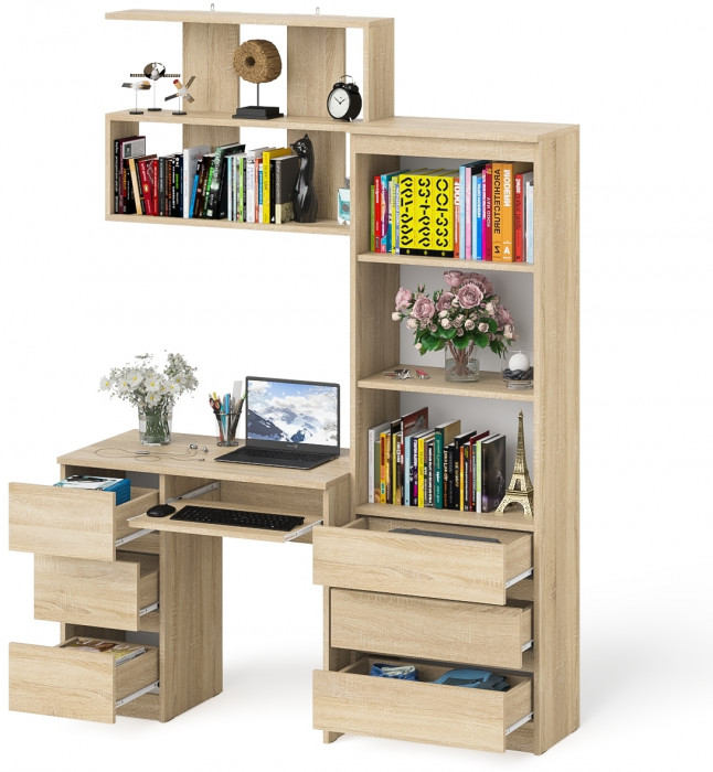 Мори компьютерный стол МС-6 левый + Стеллаж МСТ600.3 + Полка 900, дуб сонома
