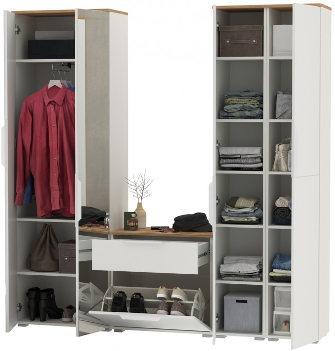 Октава Прихожая 28, белый шагрень/дуб крафт золотой/фасады МДФ белый шагрень