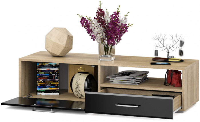Тумба под ТВ Ларго 1, корпус дуб сонома/фасады МДФ чёрный глянец