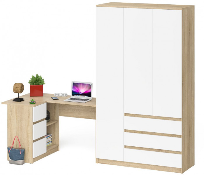 Мори компьютерный стол МС-16 левый + Шкаф МШ1200.1, дуб сонома/белый