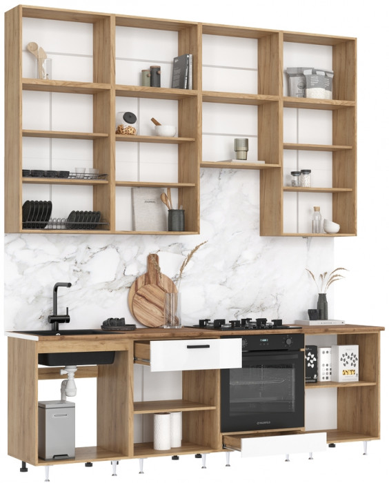 ЛДСП Кухня Рио NEW 2,4м, Компановка №3, Белый глянец, Дуб Крафт (Дуб вотан)