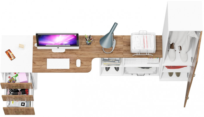 Лидер-8 Стол + Тумба МД 3.16 + Пенал МД 21Б, цвет белый шагрень/крафт золото, ШхГхВ 245х50/37,5х75/190 или 155х120/50х75/190 см., НЕ ун. сборка