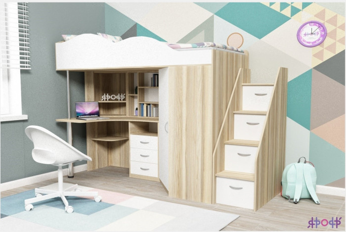 Кровать-чердак Пионер 1 (Ясень Анкор Темный/Белое дерево)