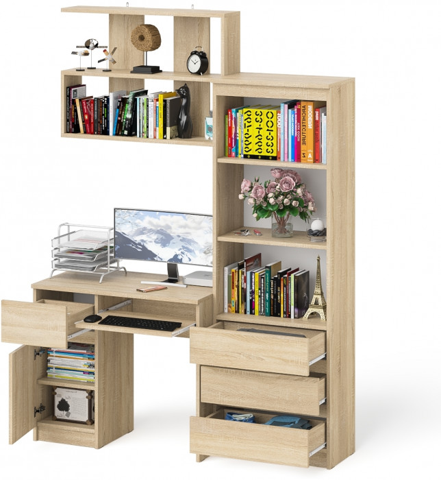 Мори Стол компьютерный МС-1 левый + Стеллаж МСТ600.3 + Полка 900, цвет дуб сонома, ШхГхВ 150,4х50х209,6 см., НЕ универсальная сборка