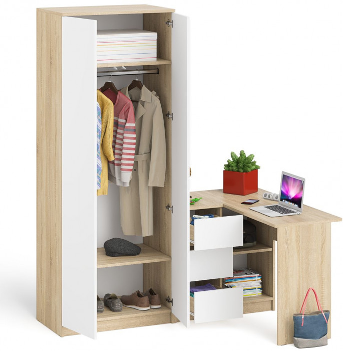 Мори Стол компьютерный МС-16 левый + Шкаф МШ800.1, цвет дуб сонома/белый, ШхГхВ 204,8х84,9х209,6 см., выдвижные ящики слева, НЕ универсальная сборка