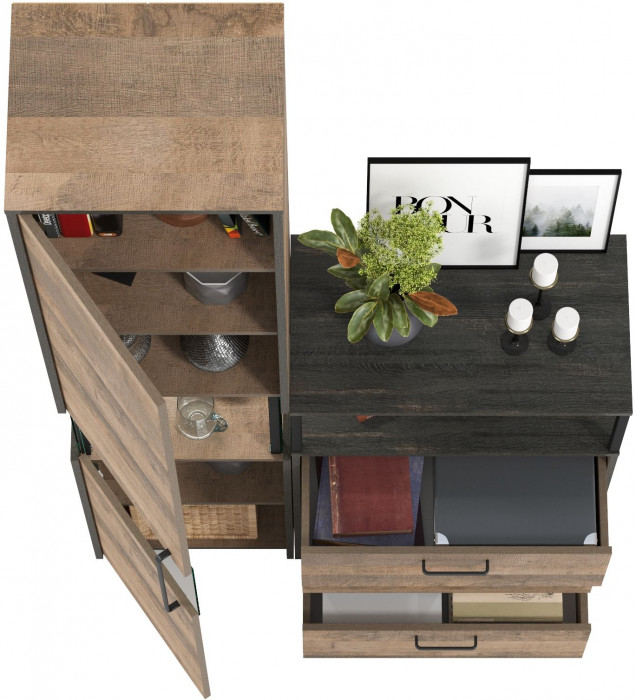 Трувор 13.205 Шкаф-пенал с витриной + 13.307.02 Комод с ящиками, цвет дуб гранж песочный/интра, ШхГхВ 110,8х37х210 см., универсальная сборка