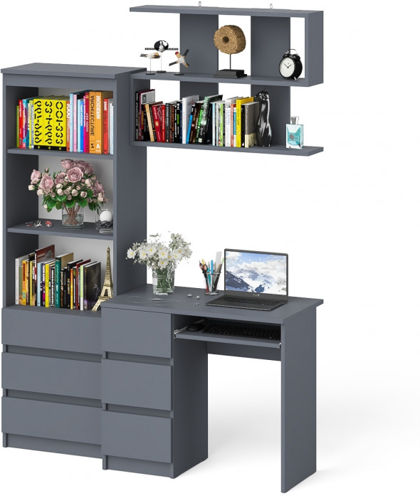 Мори Стол компьютерный МС-6 левый + Стеллаж МСТ600.3 + Полка 900, цвет графит, ШхГхВ 150,4х50х209,6 см., НЕ универсальная сборка