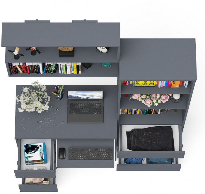 Мори Стол компьютерный МС-6 левый + Стеллаж МСТ600.3 + Полка 900, цвет графит, ШхГхВ 150,4х50х209,6 см., НЕ универсальная сборка