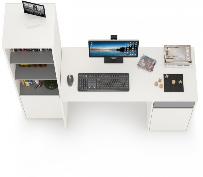 Торонто 12.149 Стол + 13.13 Шкаф комбинированный, белый шагрень/стальной серый