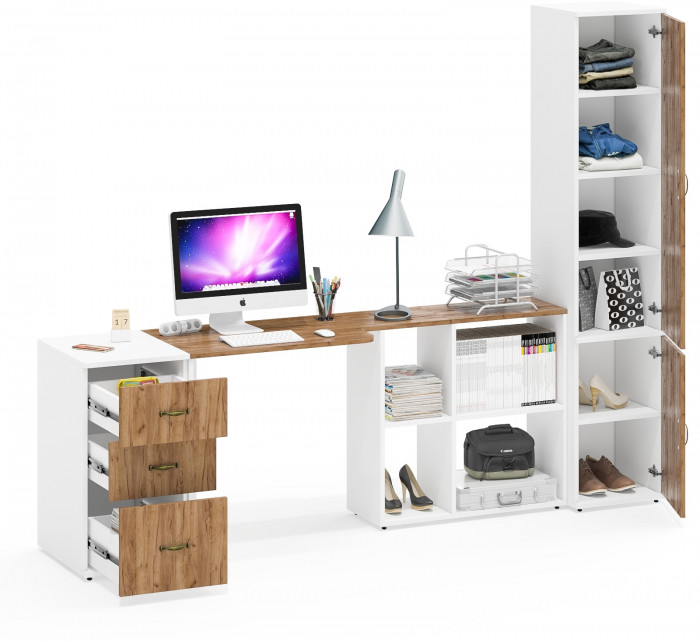 Лидер-8 Стол + Тумба МД 3.16 + Пенал МД 22Б, цвет белый шагрень/крафт золото, ШхГхВ 245х50/37,5х75/190 или 155х120/50х75/190 см., НЕ ун. сборка