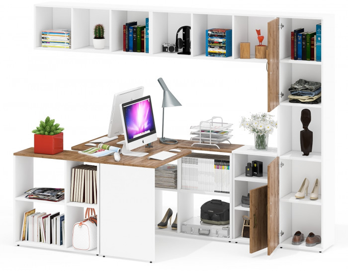 Лидер-8 Стол + Полка + Стол + Полка + Пенал + Тумба МД 3.19, цвет белый шагрень/крафт золото, 410х50/30х75/190 или 230х50/160х75/190 см., НЕ ун. сб.