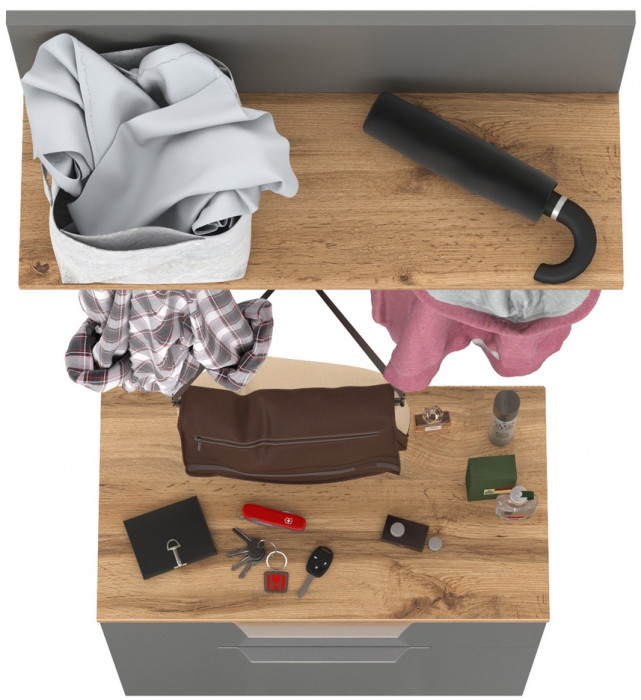 Октава 16.127 Тумба для обуви + 15.14.01 Вешалка + 15.14.02, цвет серый графит/дуб крафт золотой/фасады МДФ серый графит, ШхГхВ 64,9х35,4х197 см.