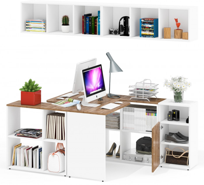 Лидер-8 Стол + Полка + Стол + Полка + Тумба МД 3.19, цвет белый шагрень/крафт золото, ШхГхВ 370х50/30х75 см. или 230х50/120х75 см., НЕ универс. сборка