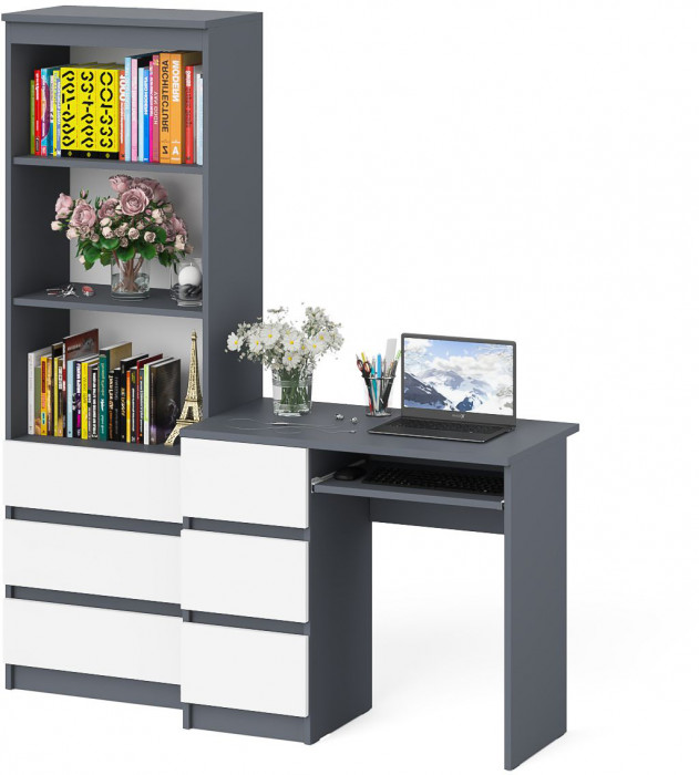 Мори компьютерный стол МС-6 левый + Стеллаж МСТ600.3, графит/белый