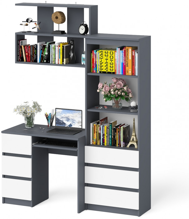 Мори Стол компьютерный МС-6 левый + Стеллаж МСТ600.3 + Полка 900, цвет графит/белый, ШхГхВ 150,4х50х209,6 см., НЕ универсальная сборка