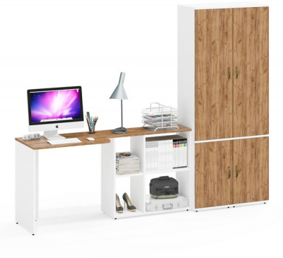 Лидер-8 Стол + Пенал МД 21Б + Пенал МД 21Б, белый шагрень/крафт золото