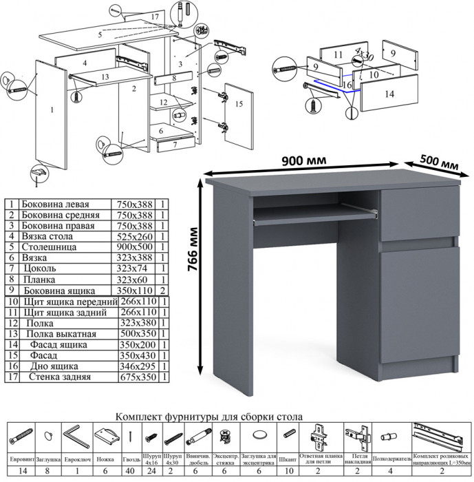 Мори компьютерный стол МС-1 правый + Комод МК700.5, графит