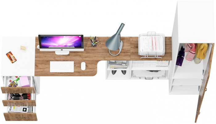 Лидер-8 Стол + Тумба МД 3.16 + Пенал МД 23Б, цвет белый шагрень/крафт золото, ШхГхВ 245х50х75/190 или 115х160/50х75/190 см., НЕ ун. сборка