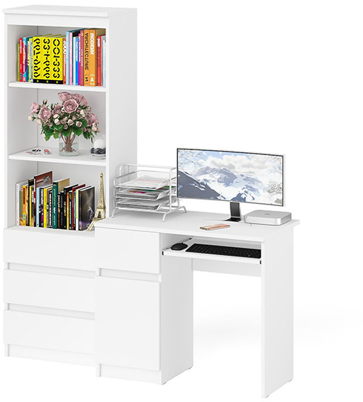 Мори Стол компьютерный МС-1 левый + Стеллаж МСТ600.3, цвет белый, ШхГхВ 150,4х50х179,6 см., выдвижной ящик слева, НЕ универсальная сборка