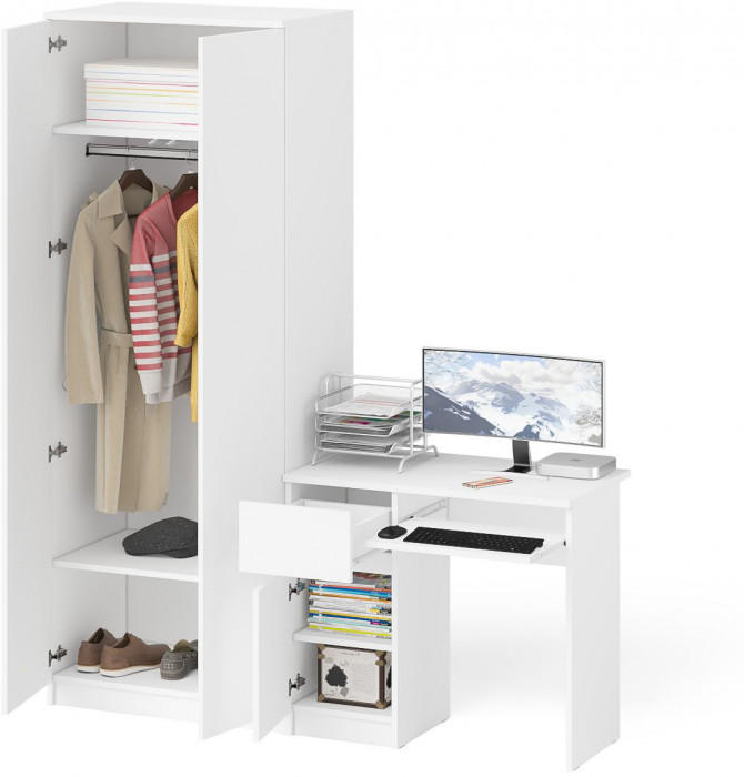 Мори компьютерный стол МС-1 левый + Шкаф МШ800.1, белый