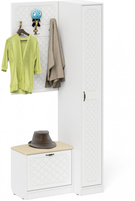 Прихожая П-6 Компоновка № 41, белая шагрень/фасады МДФ белое дерево фрезеровка ромб