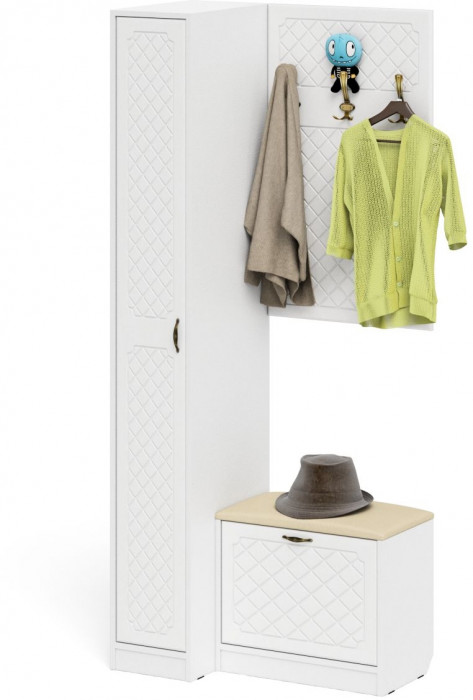 Прихожая П-6 Компоновка № 41, белая шагрень/фасады МДФ белое дерево фрезеровка ромб