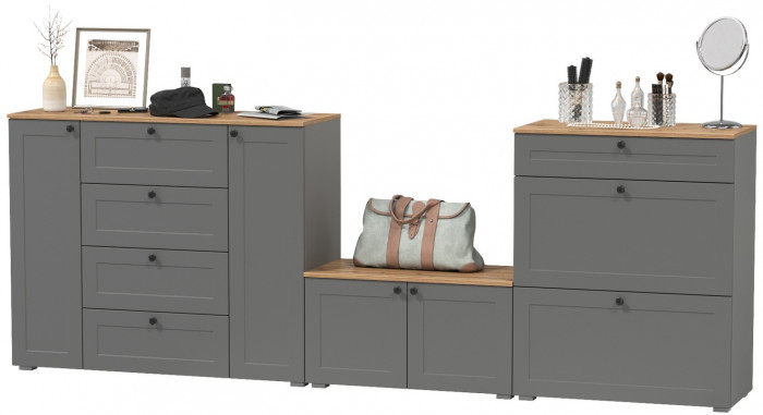 Остин 16.221 Комод + 16.121 Тумба для обуви + 13.257 Тумба, цвет серый графит/дуб крафт золотой, ШхГхВ 280х41,9х99,3 см.