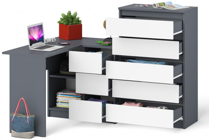 Мори компьютерный стол МС-16 правый + Комод МК700.5, графит/белый
