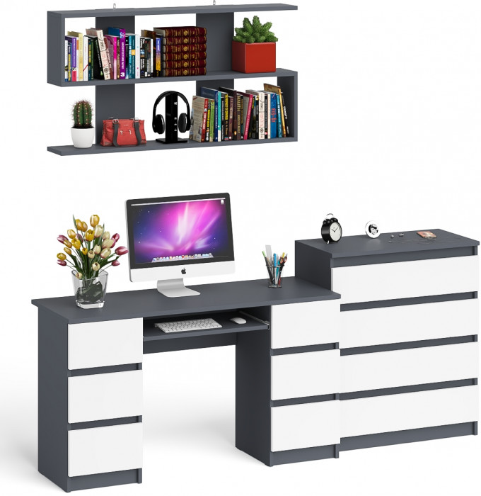 Мори компьютерный стол МС-2 + Комод МК800.4 + Полка 1200, графит/белый