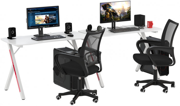 Два игровых стола Мебель--24 GT-2310 + два кресла компьютерных 103 чёрных, цвет белый, ШхГхВ 240х60х73 + 59х56х83-94 см.