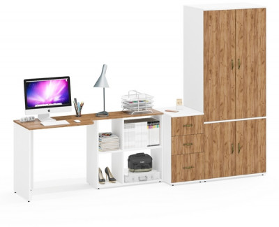 Лидер-8 Стол + Тумба МД 3.16 + Шкаф МД 19Б, цвет белый шагрень/крафт золото, ШхГхВ 285х50/50х75/190 или 115х200/50х75/190 см., НЕ ун. сборка