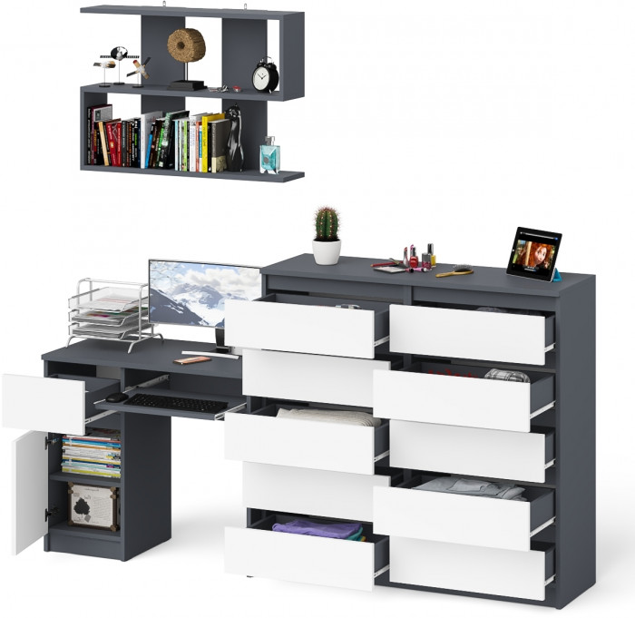 Мори Стол компьютерный МС-1 левый + Комод МК1200.10 + Полка 900, цвет графит/белый, ШхГхВ 210,4х50х209,6 см., НЕ универсальная сборка