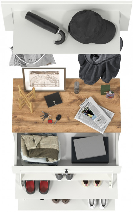 Остин 16.121 Тумба для обуви + 15.12 Вешалка, цвет белый шагрень/дуб крафт золотой, ШхГхВ 80х41,6х210 см.