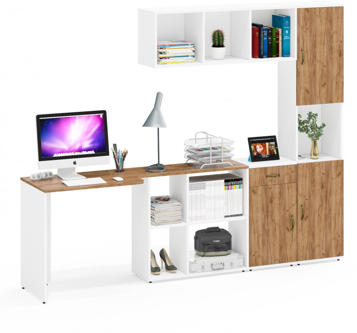 Лидер-8 Стол + Полка + Тумба МД 3.15 + Пенал, цвет белый шагрень/крафт золото, ШхГхВ 370х50/30х75/190 или 230х50/120х75/190  см., НЕ универс. сб.