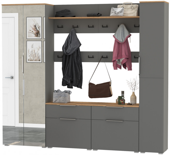 Октава Прихожая 33, цвет серый графит/дуб крафт золотой/фасады МДФ серый графит, ШхГхВ 226,4х35,4х197,6 см., универсальная сборка