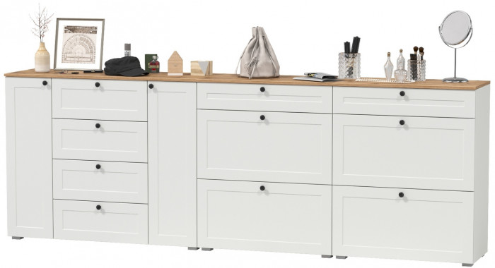 Остин 16.221 Комод + 16.121 Тумба для обуви + 16.121 Тумба для обуви, цвет белый шагрень/дуб крафт золотой, ШхГхВ 280х41,9х99,3 см., ун. сборка