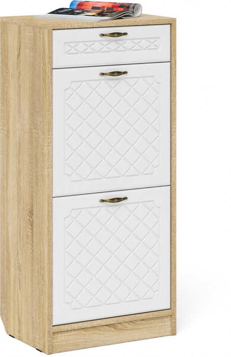 Прихожая П-6 Тумба для обуви 2 секции + Вешалка, цвет дуб сонома/фасады МДФ белое дерево фрезеровка ромб, ШхГхВ 50х35х210 см.