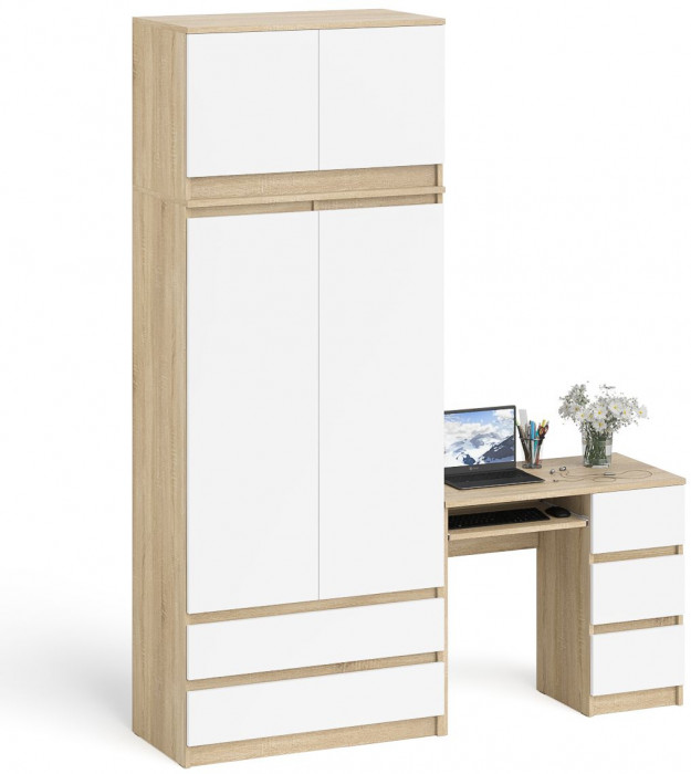 Мори компьютерный стол МС-6 правый + Шкаф МШ900.1 + Антресоль МА900.1, дуб сонома/белый
