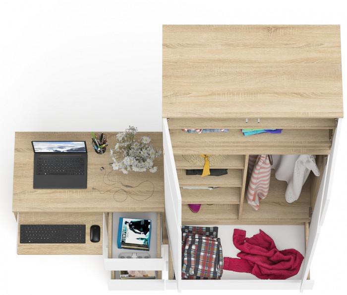 Мори компьютерный стол МС-6 правый + Шкаф МШ900.1 + Антресоль МА900.1, дуб сонома/белый