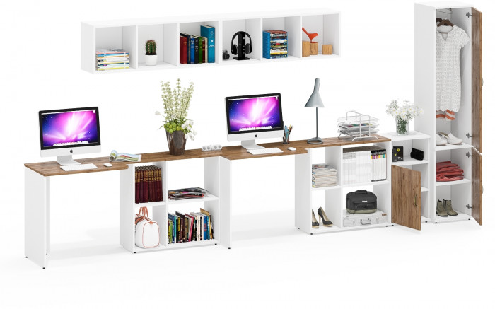 Лидер-8 Стол + Полка + Стол + Полка + Пенал МД 21Б + Тумба МД 3.19, цвет белый шагрень/крафт золото, 410х50/37,5х75/190 или 230х160/50х75/, НЕ ун. сб.