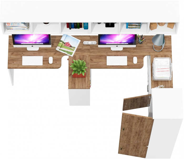 Лидер-8 Стол + Полка + Стол + Полка + Пенал МД 21Б + Тумба МД 3.19, цвет белый шагрень/крафт золото, 410х50/37,5х75/190 или 230х160/50х75/, НЕ ун. сб.