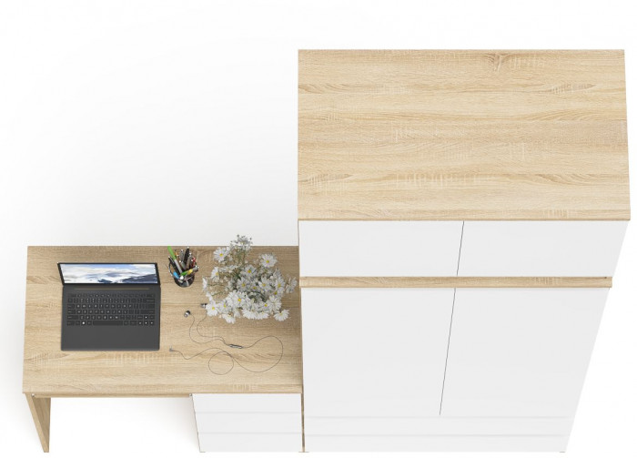Мори Стол компьютерный МС-6 правый + Шкаф МШ900.1 + Антресоль МА900.1, цвет дуб сонома/белый, ШхГхВ 180,4х50,4х234,2 см., выд. ящ. справа, НЕ ун. сб.